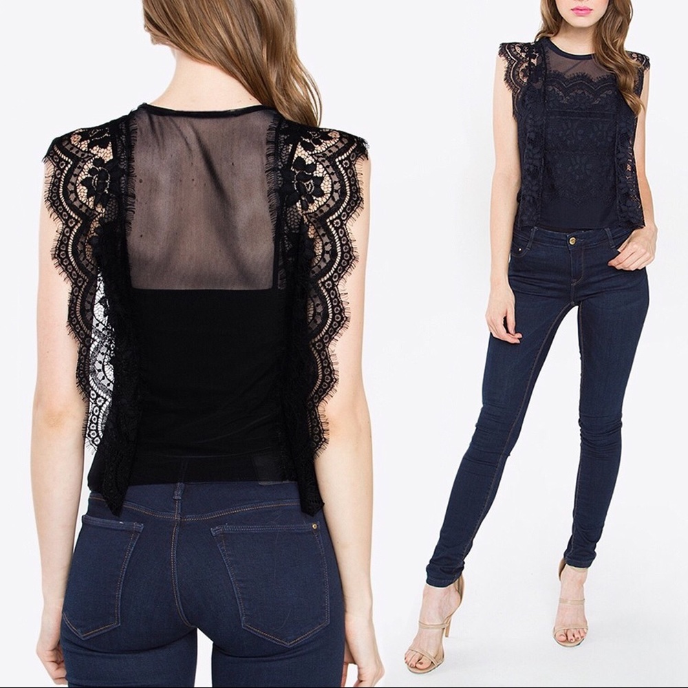 Black Butterfly Lace Trim Lace Sleeve Top - Picture 5 of 7